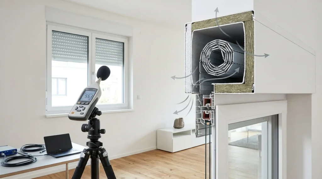 Professionelles Akustikmessgerät, das Dezibelwerte anzeigt. Es steht neben einem Fenster mit geschlossenem Rollladenkasten, der im Querschnitt die hohle Kammer zeigt.