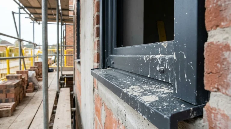 Aluminiumfenster mit moertelspritzer