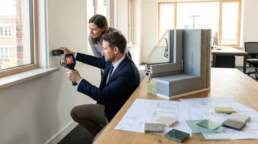 Ein Architekt in Anzug begutachtet mit einer Wärmebildkamera und einem Feuchtigkeitsmesser die Fensterlaibung. Neben ihm steht ein detailliertes Modell des Fensterquerschnitts. Die Szene wirkt professionell und konzentriert.