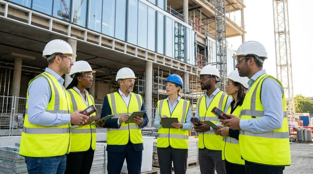 Eine Gruppe von Architekten und Ingenieuren in Schutzkleidung steht auf einer Baustelle. Sie halten Tablets und Lasermessgeräte in den Händen und diskutieren angeregt miteinander. Die Atmosphäre ist konzentriert und professionell.