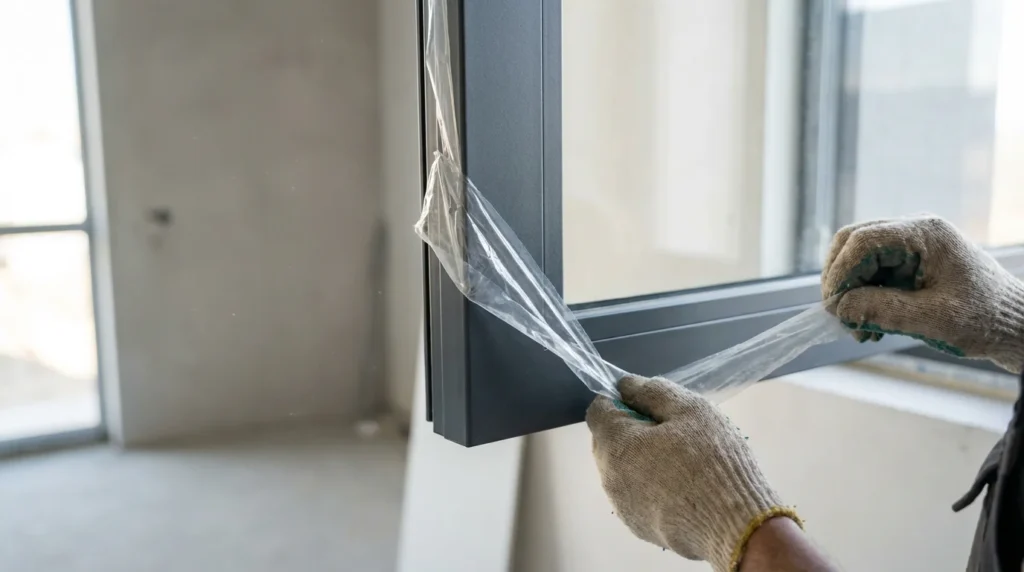 Ein Bauarbeiter entfernt vorsichtig die Schutzfolie von einem pulverbeschichteten Aluminiumfensterrahmen. Man sieht die glänzende, makellose Oberfläche darunter. Die Hände des Arbeiters sind im Fokus, während er präzise arbeitet.
