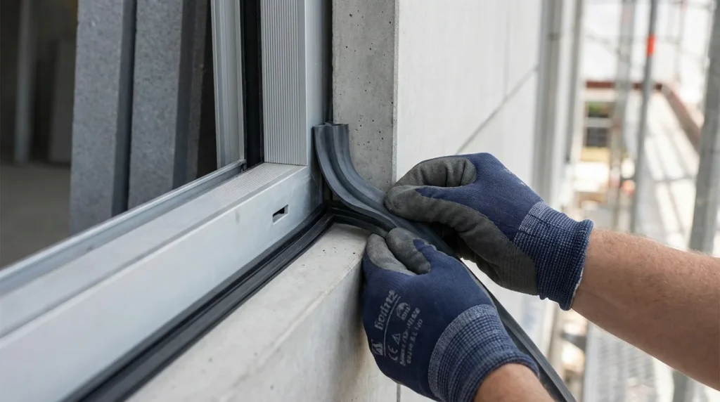 Nahaufnahme eines Bauarbeiters, der EPDM-Dichtungselemente an einem Fensterrahmen montiert. Man sieht seine Hände bei der präzisen Arbeit an der modernen Gebäude-Fassade.