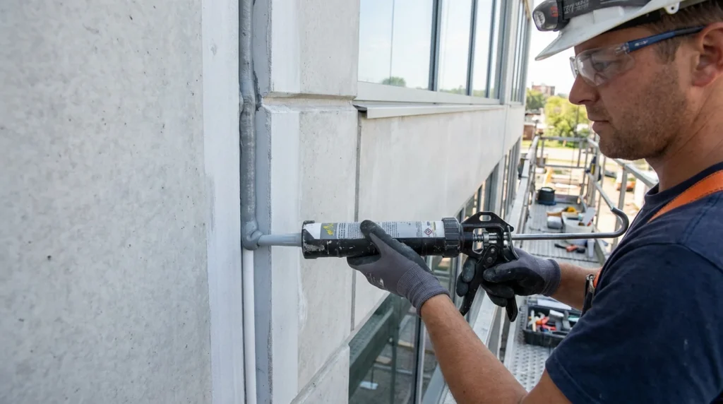 Ein Bauarbeiter in Sicherheitsausrüstung repariert die Fassade eines Gebäudes. Er trägt hochwertigen Polyurethan-Dichtstoff auf, um die Fugen abzudichten. Im Hintergrund sind Gerüste und andere Bauwerkzeuge zu sehen.