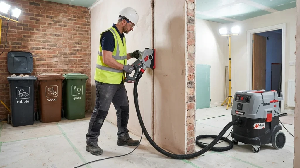 Ein Bauarbeiter in Schutzkleidung nutzt eine moderne Mauernutfräse mit Staubabsaugung an einer Innenwand. Die Szene zeigt professionelles Arbeiten auf einer Baustelle mit Fokus auf Sicherheit und Präzision.