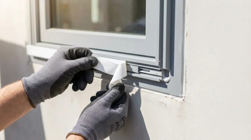 Ein Bauarbeiter entfernt vorsichtig die Schutzfolie von einem APU-Profilstreifen an einem Fensteranschluss. Man sieht saubere Kanten und eine funktionale Dehnungsfuge, die für eine präzise Verarbeitung sorgt.