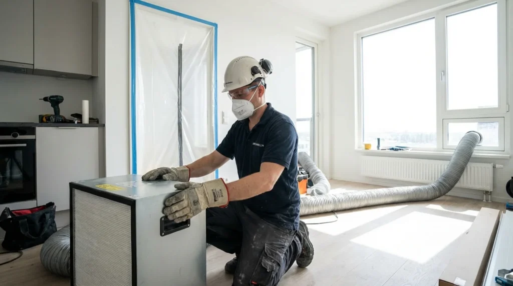 Ein Bauarbeiter in voller Schutzkleidung, mit FFP2-Maske, Schutzbrille und Handschuhen, installiert ein technisches Sicherheitssystem in einer Wohnung. Dazu gehört ein Luftfiltersystem mit HEPA-Filter.