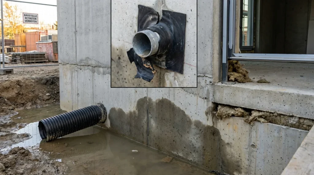 Ein Bauarbeiter steht auf einer Baustelle neben einem Gebäude. Man sieht einen unvollständig installierten Entwässerungskanal, der nicht an das Abwassersystem angeschlossen ist, wodurch sich Wasser am Fundament sammelt.
