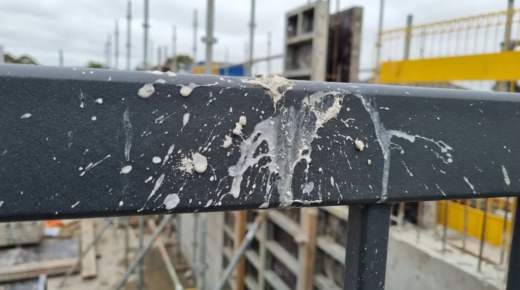 Ein Baugerüst mit frischen weißen Mörtelspritzern auf einer dunkel beschichteten Metalloberfläche. Man sieht die Tropfen und getrockneten Rückstände, die Spuren hinterlassen haben.