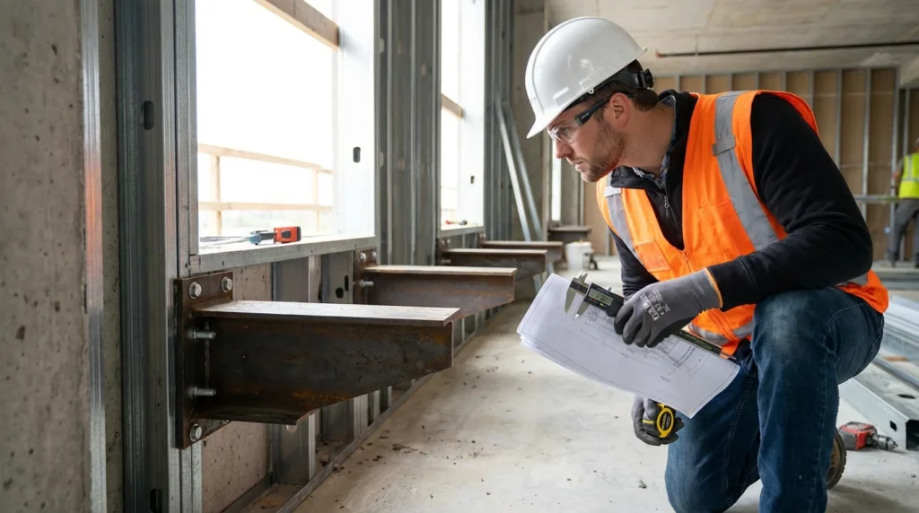 Ein Bauingenieur in Sicherheitskleidung und Helm überprüft aufmerksam große Stahlkonsolen an einem Vorwandsystem. Er hält technische Unterlagen in der Hand und wirkt konzentriert bei seiner Arbeit auf der Baustelle.