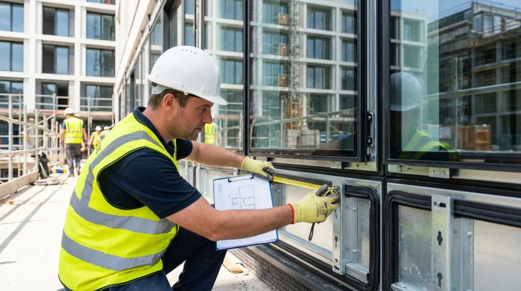 Ein Bauinspektor in Sicherheitsweste und Helm überprüft die Fensterinstallation auf einer Baustelle. Er schaut sich die Halterungen und Dichtungen an und notiert sich Details auf einem Klemmbrett, während er Messwerkzeuge benutzt.