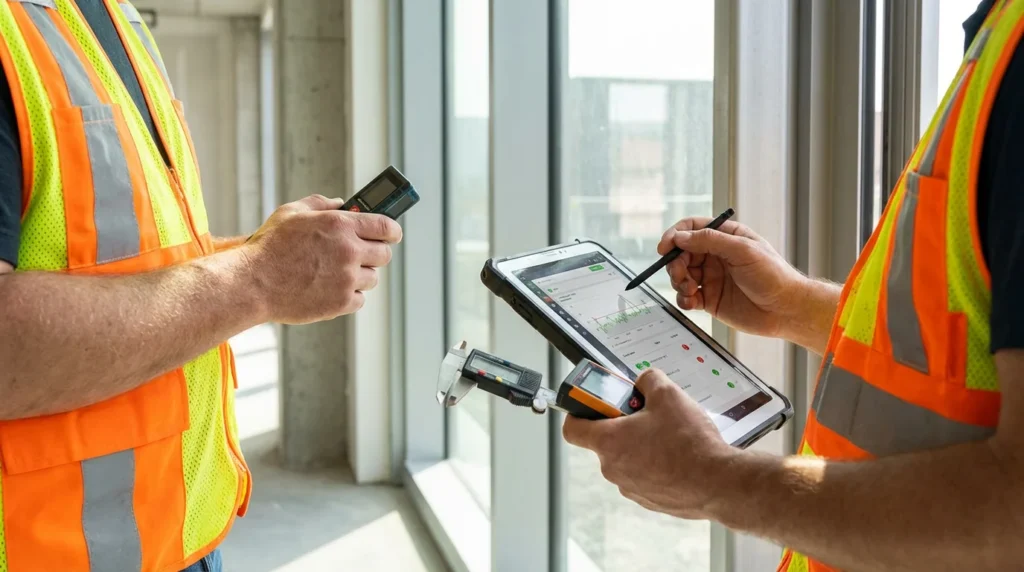 Ein Bauinspektor in Sicherheitsweste prüft die Fensteroberfläche in einem modernen Gebäude. Er hält ein Tablet und Messwerkzeuge in der Hand, während Tageslicht durch das große Fenster strömt.
