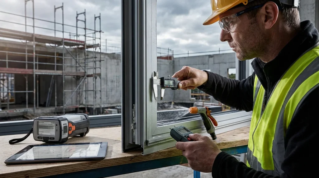 Ein Bauinspektor in Sicherheitskleidung überprüft sorgfältig die Fensterrahmen und wichtige Gebäudebereiche. Er nutzt präzise Messwerkzeuge, um sicherzustellen, dass alles den Bauvorschriften entspricht.