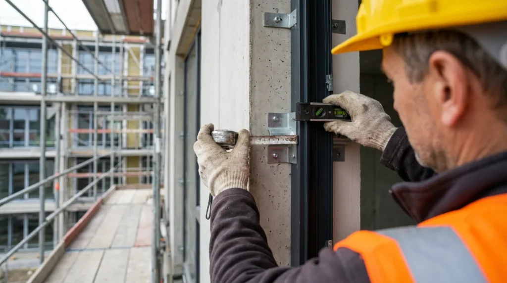 Ein Bauinspektor mit Schutzhelm und Warnweste überprüft die Fensterrahmenmontage an einer Gebäudefassade. Er misst die Abstände der Metallhalterungen und Konsolen mit einem Maßband und einer Wasserwaage.