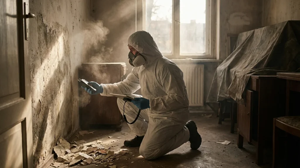 Ein besorgter Bauinspektor in Schutzkleidung untersucht die bröckelnden Wände eines alten europäischen Wohnhauses. Staubpartikel schweben in der Luft und verleihen der Szene eine dramatische Atmosphäre.