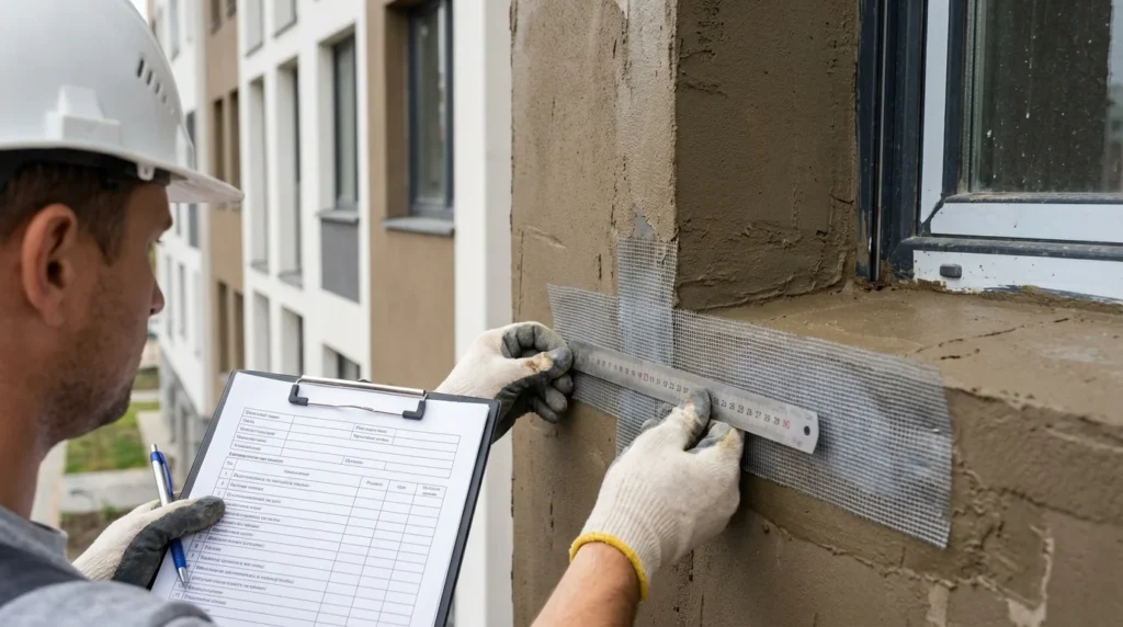Ein Bauinspektor mit Helm überprüft die Wärmedämmung an einer Außenwand. Er hat ein Klemmbrett in der Hand und kontrolliert das Netz und den Putz rund um einen Fensterrahmen. Man sieht ihn aus der Nähe bei der Arbeit.