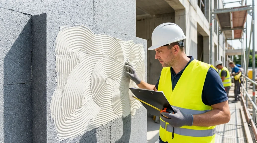 Ein Bauleiter in Sicherheitsweste und Helm inspiziert die Klebeabdeckung von Wärmedämmplatten an einer Gebäudefassade. Er hält ein Klemmbrett in der Hand und überprüft sorgfältig die Arbeiten. Im Hintergrund sind Baugerüste zu sehen.