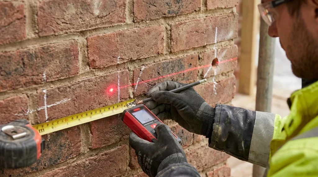 Ein Foto von einer Baustelle: Ein Maßband und ein Laser-Entfernungsmesser werden genutzt, um präzise Ankerpunkte auf einer Ziegelwand zu markieren. Die Abstände zwischen den Punkten sind gut erkennbar.