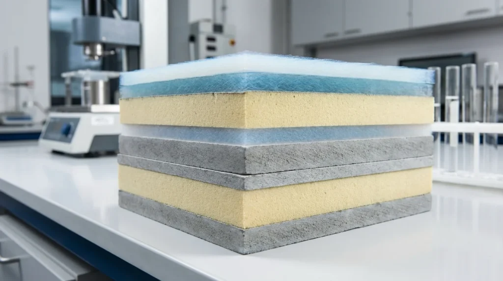 Detailaufnahme von verschiedenen Dämmstoffen, die präzise gestapelt sind. Man sieht Schichten aus Aerogel und Polyurethanschaumplatten. Die Dicke der Materialien ist gut erkennbar, mit Maßangaben an der Seite.