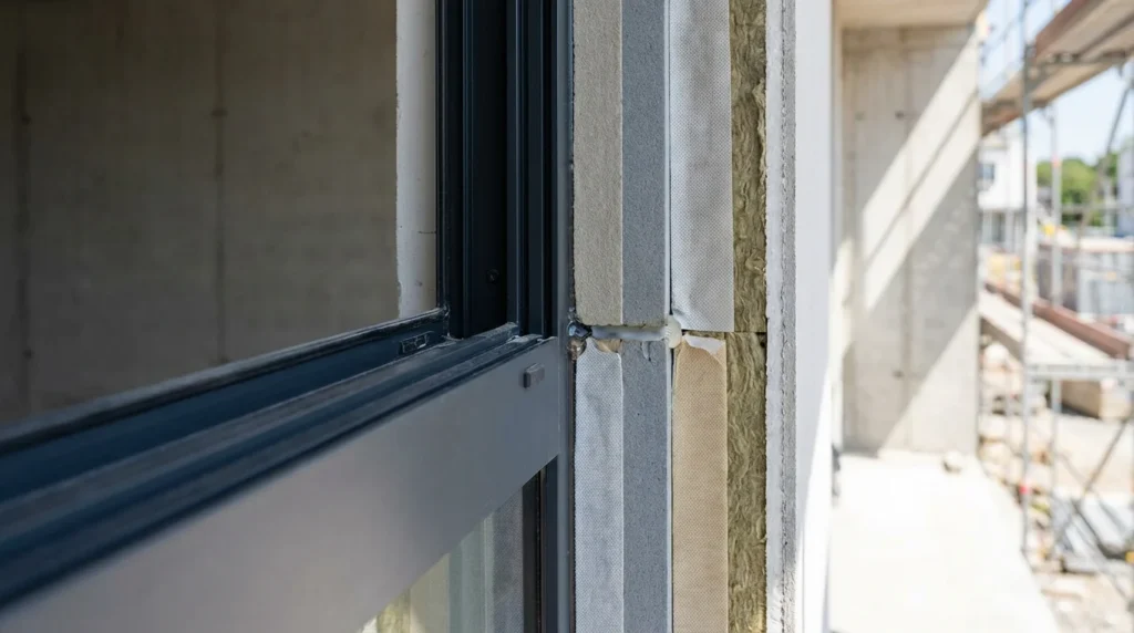 Detailaufnahme einer modernen Gebäudefassade, die den Querschnitt eines Fenstereinbaus zeigt. Man sieht die verschiedenen Dämmungsschichten in der Wand und eine Analyse der Wärmebrücke.