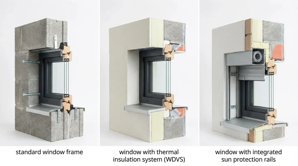 Ein Foto zeigt drei nebeneinander liegende Fensterszenarien: ein Standardfensterrahmen, ein Fenster mit Wärmedämmverbundsystem (WDVS) und ein Fenster mit zusätzlichem Windschutz. Jedes Szenario hebt unterschiedliche Installationsmethoden hervor.