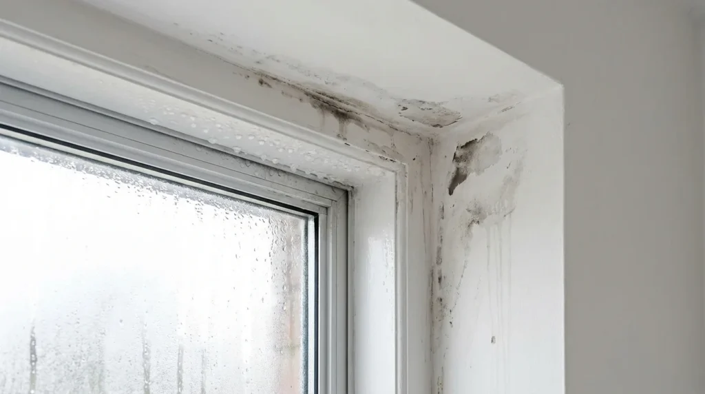 Ein Foto zeigt ein Fenster von innen mit Wassertröpfchen am oberen Rahmen. Man sieht Feuchtigkeitsschäden am Holz, die durch Kondensation entstanden sind. Der Rahmen wirkt leicht verfärbt und feucht.