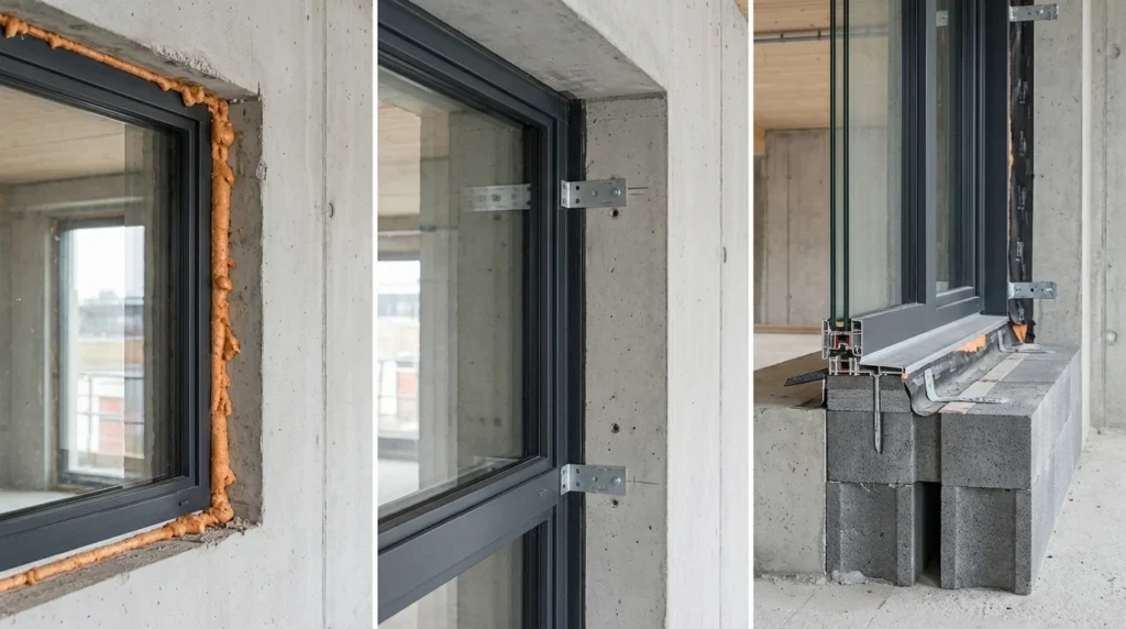 Ein Foto zeigt drei Fensterinstallationsmethoden nebeneinander in einer modernen Baustelle: links traditionelle Schaumstoffmontage, in der Mitte mechanische Befestigung und rechts eine innovative, noch nicht weit verbreitete Methode.