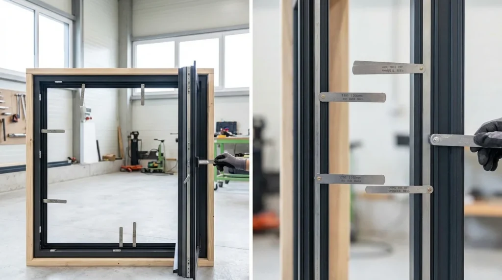 Ein modernes Fensterrahmensystem wird installiert. Man sieht präzise Messungen der Abstände zwischen Flügel und Rahmen. Ein Fühlerlehre ist an mehreren Stellen sichtbar, um die genauen Spalten zu überprüfen.