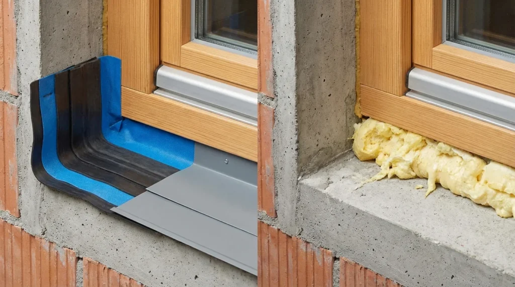 Nahaufnahme eines Fensterrahmens, die die korrekte Installation nach RAL-Richtlinien zeigt. Man sieht die diffusionsdichten Dichtschichten und eine wetterfeste Membran, die für optimalen Schutz sorgen.