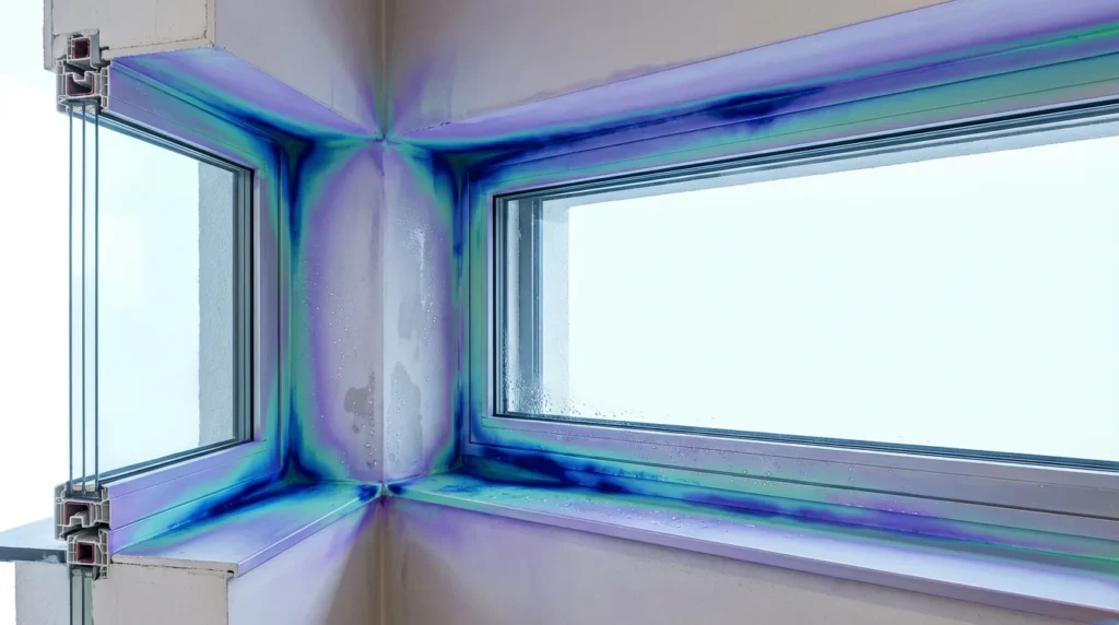 Ein professionelles Architektur-Foto zeigt einen Wandquerschnitt mit sichtbarer Feuchtigkeitskondensation in der Ecke. Eine Wärmebildüberlagerung hebt einen kalten Punkt hervor und zeigt den Temperaturunterschied deutlich.