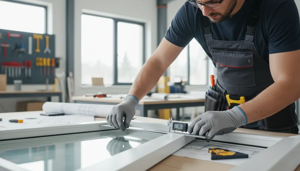 Ein erfahrener Handwerker in Arbeitskleidung überprüft die Ausrichtung eines Fensters. Er benutzt ein Richtscheit und Messwerkzeuge, um sicherzustellen, dass der Fensterrahmen korrekt installiert ist. Sein konzentrierter Blick zeigt seine Expertise.