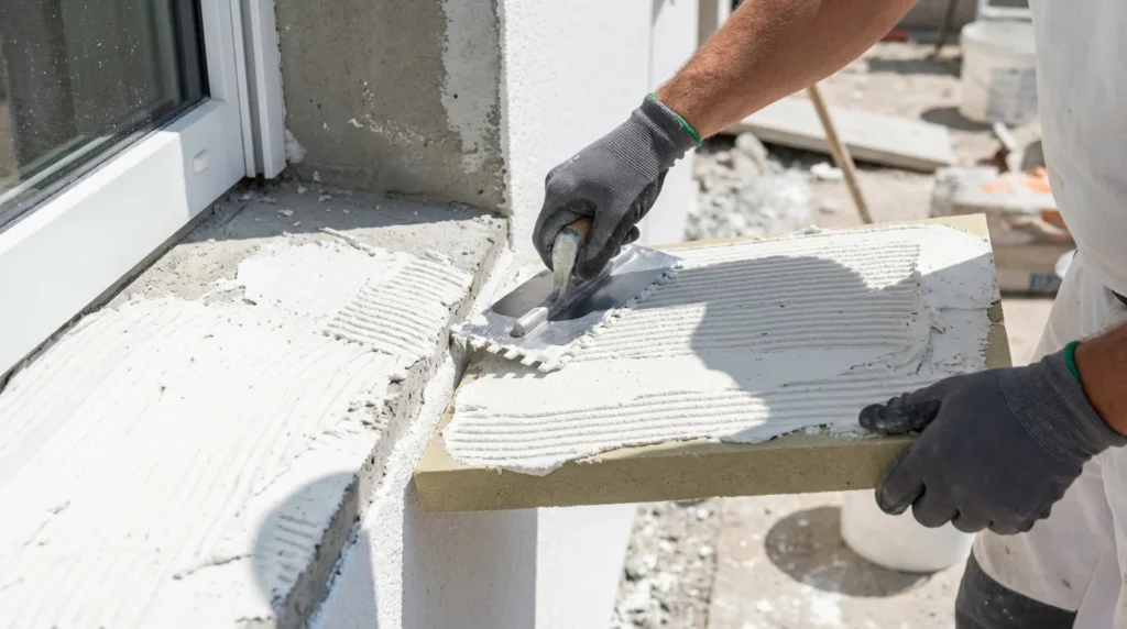 Ein Handwerker trägt Kleber auf ein Fenster auf einer Baustelle auf. Man sieht seine Hände bei der Arbeit mit weißem Mörtel, der gleichmäßig aufgetragen wird. Die Umgebung ist voller Bauwerkzeuge und Materialien.