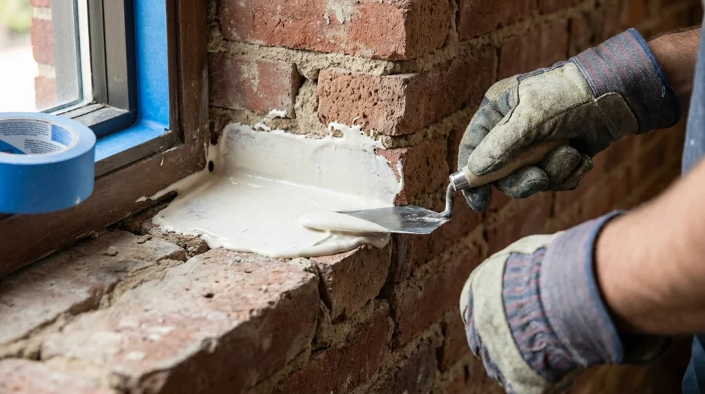 Nahaufnahme von Handwerkshänden in Handschuhen, die eine glatte Ausgleichsmasse auf raues, poröses Mauerwerk an einem Fensterrahmen auftragen. Man sieht die Präzision und Sorgfalt des Handwerkers bei der Arbeit.