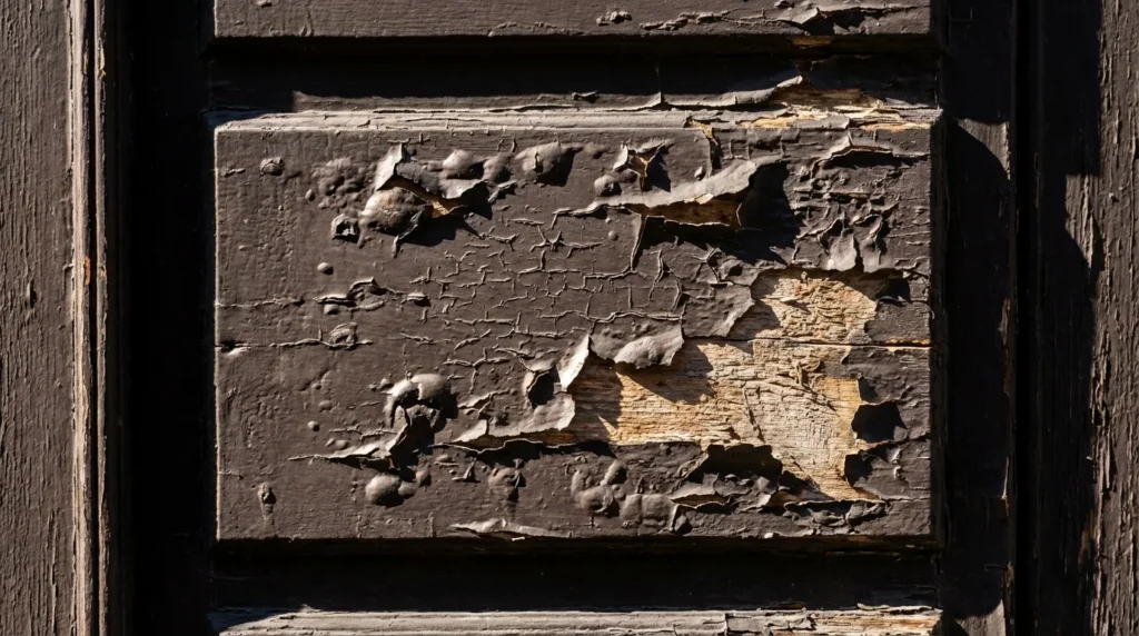 Nahaufnahme einer dunklen Holzfassade an einem heißen Sommertag. Man sieht kleine Risse und Blasenbildung im Lack, die durch die Hitze entstanden sind. Die Oberfläche blättert leicht ab und zeigt deutliche Anzeichen von thermischem Stress.