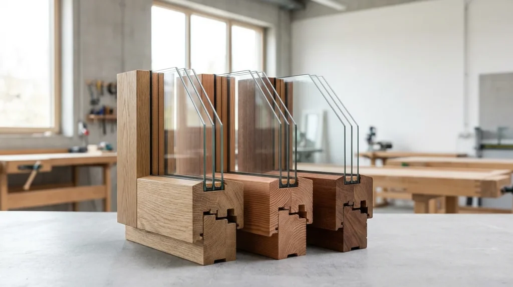 Ein professionelles Foto zeigt einen modernen Querschnitt eines Holzfensters. Verschiedene Harthölzer wie Eiche, Lärche und Meranti sind nebeneinander angeordnet. Man sieht auch die dreifach verglasten Scheiben.