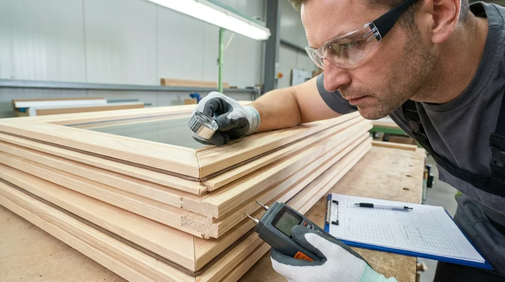 Ein Holzverarbeitungsexperte mit Schutzbrille inspiziert sorgfältig die Endbearbeitung von Holzfensterrahmen. Er überprüft die V-Fugen und die Behandlung der Stirnkanten, um sicherzustellen, dass alles den Qualitätsstandards entspricht.