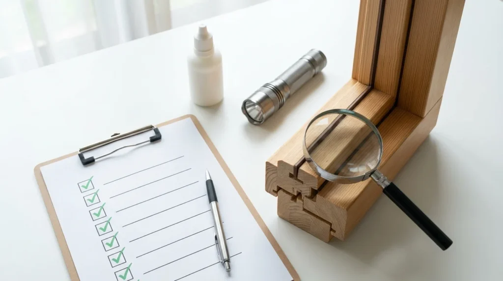 Draufsicht auf eine Szene zur Qualitätskontrolle: Ein Querschnitt eines Holzfensterrahmens zeigt die Inspektion der Verbindungen. Pflegeprodukte wie eine weiße Flasche mit Pflegemilch sind ebenfalls zu sehen.