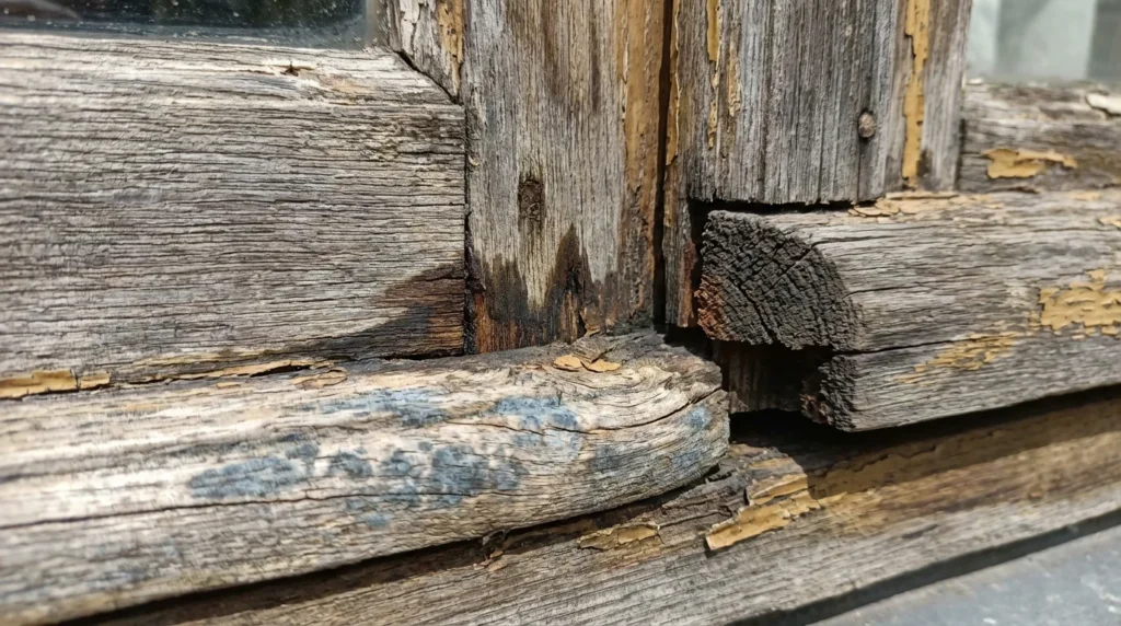 Nahaufnahme eines hölzernen Fensterrahmens mit typischen Schäden: verwittertes Holz mit grauer Verfärbung, Wasserflecken an den Ecken und sichtbare Feuchtigkeitsschäden am unteren Rand.