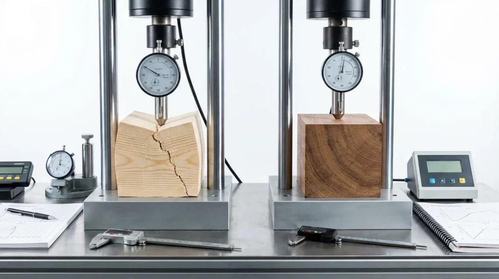 In einem professionellen Labor für Materialprüfung sieht man Holzproben, die nebeneinander unter Glasblock-Kompression getestet werden. Das Weichholz verformt sich sichtbar unter der Belastung, während das Hartholz stabil bleibt.