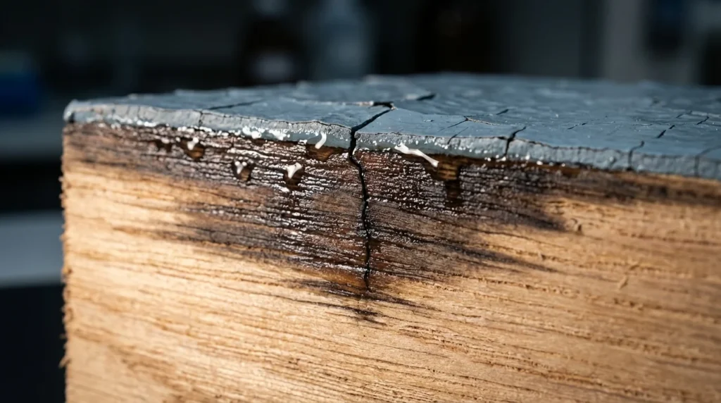 Nahaufnahme eines Holzquerschnitts: Man sieht, wie Wasser durch kleine Risse in der Lackschicht eindringt. Die Feuchtigkeit zieht in die Holzfasern ein, während die Oberfläche noch trocken wirkt.
