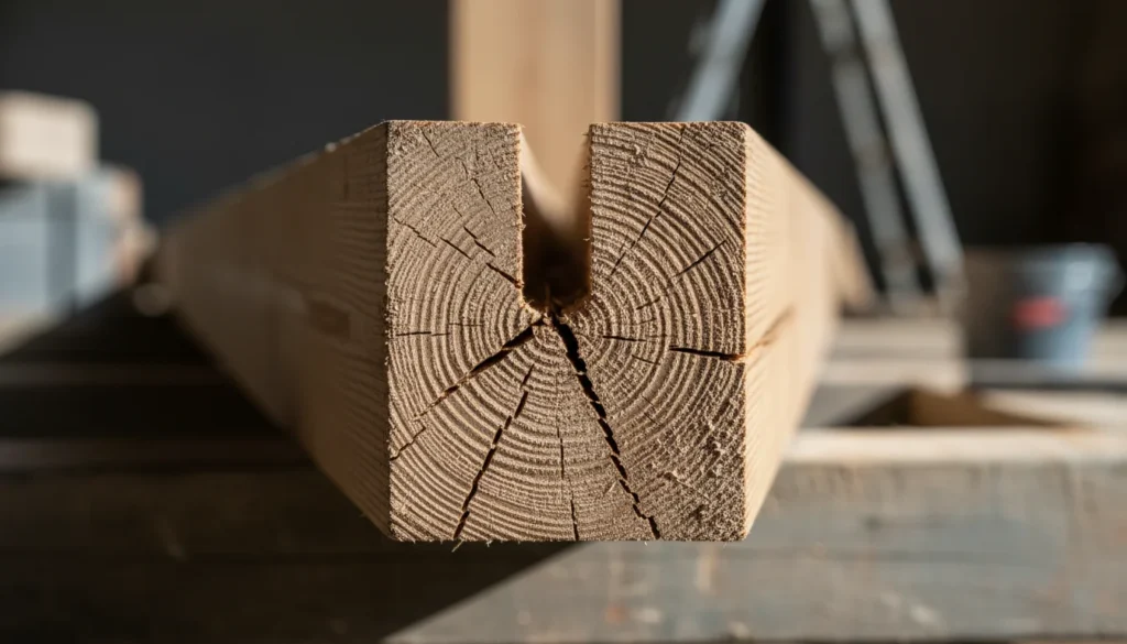 Nahaufnahme eines Holzverbindungspunkts mit sichtbarer Maserung. Das Holz zeigt eine V-Nut-Verbindung, die durch seitliches Licht dramatisch betont wird. Die Struktur und Feuchtigkeit des Holzes sind deutlich erkennbar.