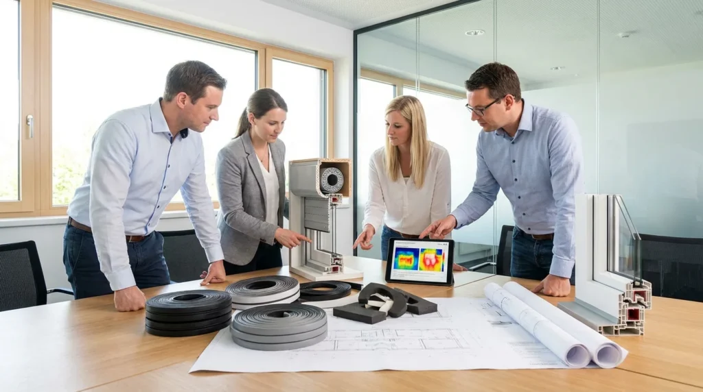Eine Gruppe von Bauingenieuren sitzt an einem modernen Konferenztisch. Sie begutachten Dichtungs- und Isolierungsmaterialien für Rollladenkästen. Auf dem Tisch liegen detaillierte Querschnittsmodelle, die sie intensiv diskutieren.