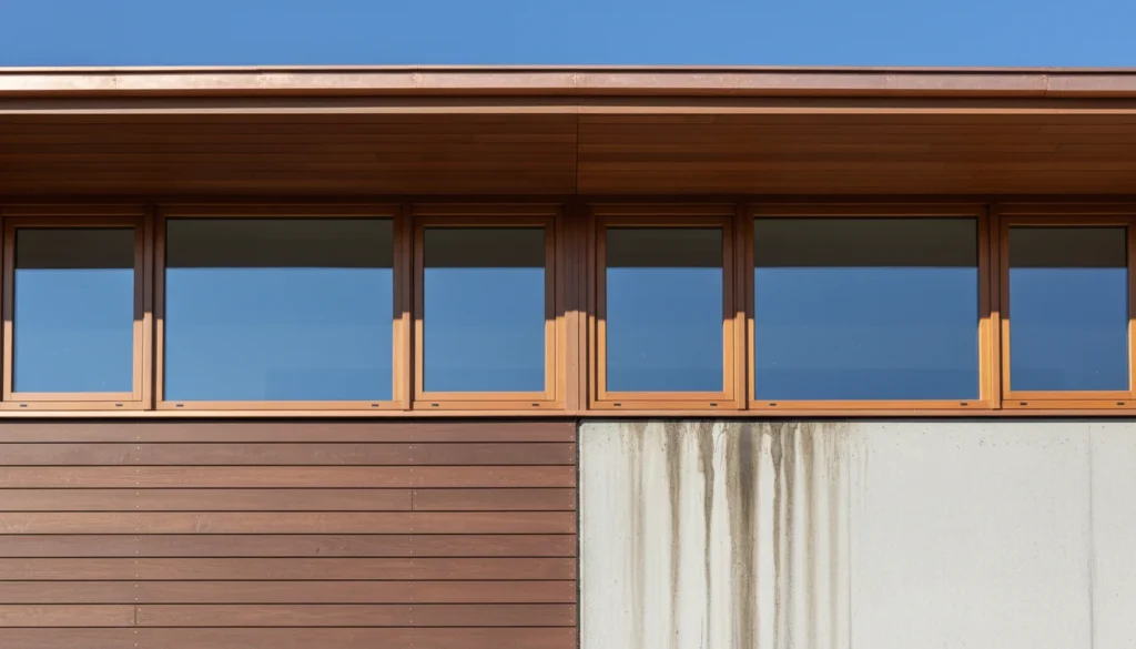 Ein modernes Gebäude mit einer Fassade, die den Kontrast zwischen gut geschützten Holzfenstern unter einem großen Dachüberhang und ungeschützten Fenstern ohne Wetterschutz zeigt.