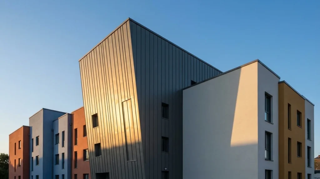 Moderne gebaeudefassade farben kontraste