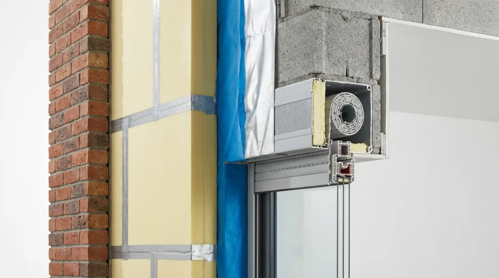 Foto eines professionellen architektonischen Querschnitts, der die Bauweise einer modernen Wand zeigt. Man sieht Dämmmaterialien, Dampfsperren und Details eines Rollladenkastens. Alles ist sauber und übersichtlich dargestellt.