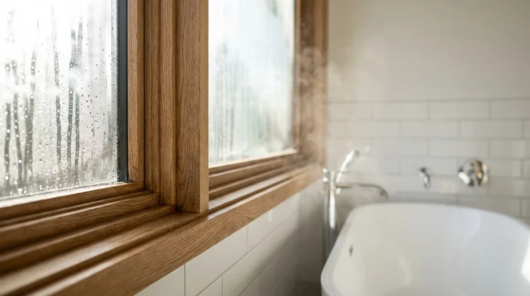 Modernes badezimmer holzfenster morgenlicht
