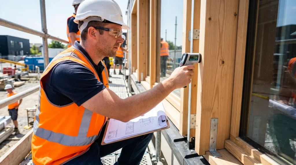 Ein Qualitätsprüfer in Sicherheitsweste und Schutzhelm inspiziert Holzfensterrahmen an einer Gebäudefassade. Er hält ein Infrarotthermometer und ein Klemmbrett in der Hand, um die Oberflächenintegrität zu überprüfen.