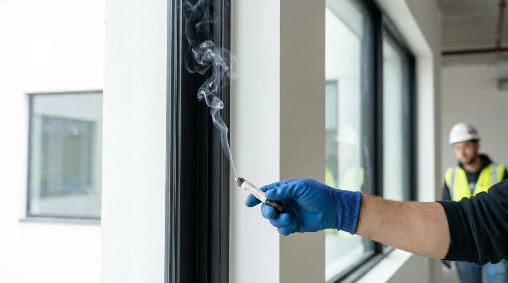 Ein Bauarbeiter hält ein Rauchstiftgerät an einem Innenfensterrahmen. Weißer Rauch steigt entlang der Kante auf, um Dichtheit zu prüfen. Die Szene zeigt eine professionelle Baustelleninspektion.