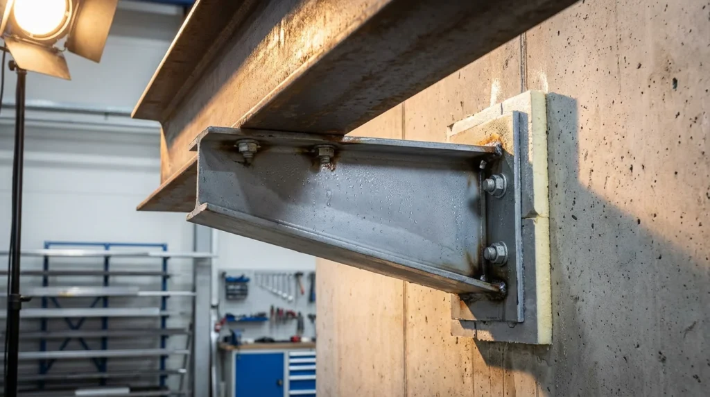 Ein professionelles Foto zeigt eine Stahlkonsolenhalterung an einer Betonwand. Die Lastverteilung ist ungleichmäßig. Das Bild ist aus einem 45-Grad-Winkel aufgenommen und durch dramatisches Studiolicht hervorgehoben.