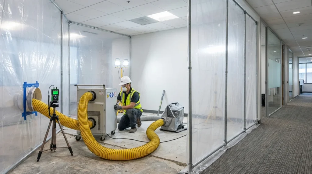 Eine moderne Baustelle mit einem Staubschutzsystem, das durch transparente Plastikfolienbarrieren abgetrennt ist. Man sieht, wie industrielle Luftfilter während Renovierungsarbeiten im Einsatz sind.