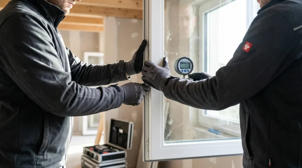 Ein erfahrener Techniker in Arbeitskleidung führt einen Drucktest an einem neu eingebauten Fensterrahmen in einem renovierten Gebäude durch. Seine Hände drücken fest gegen den Rahmen, während er konzentriert arbeitet.